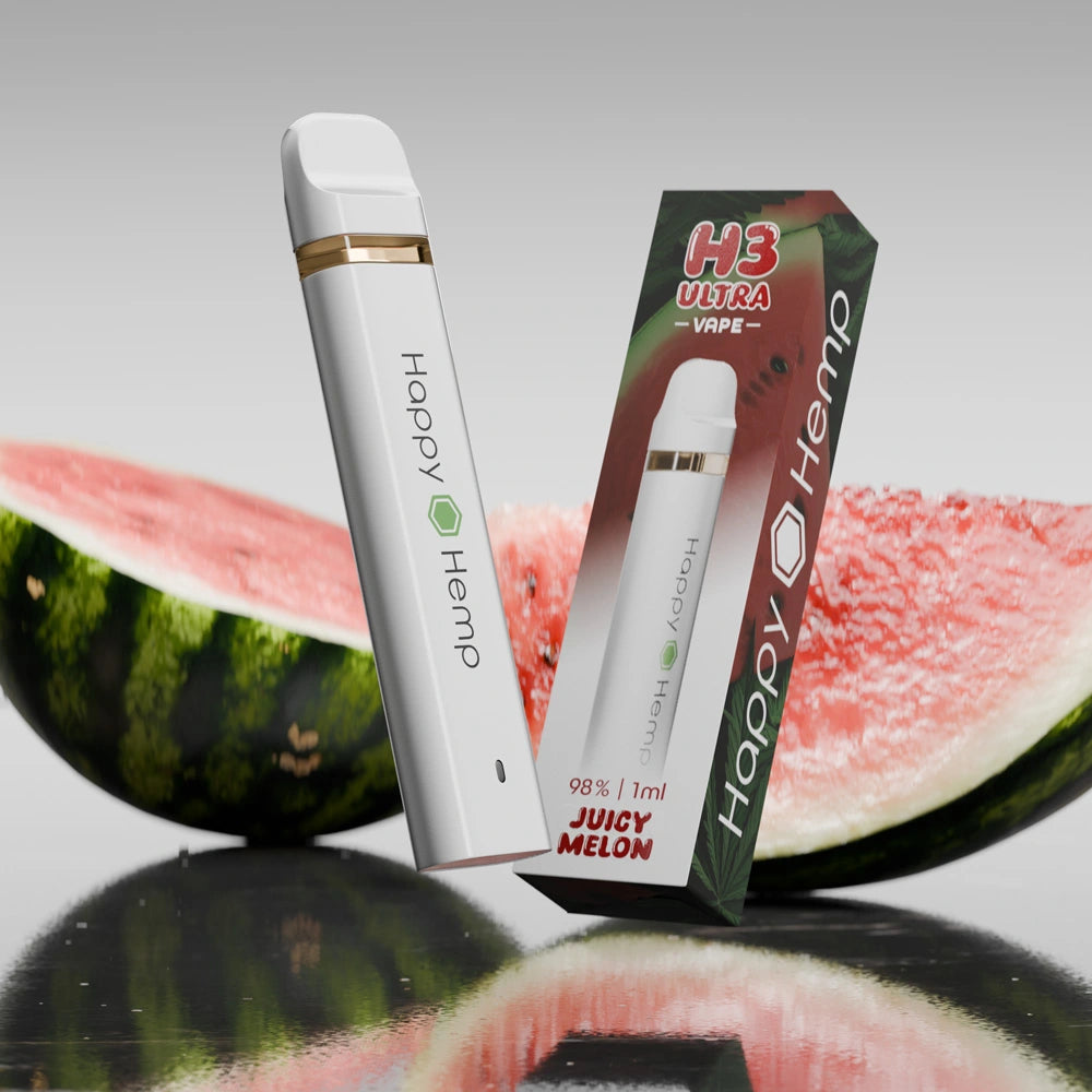 H3 Ultra Vape Pen – Melon-Geschmack, sclichtes Produktfoto mit aufgeschnittener Wassermelone im Hintergrund