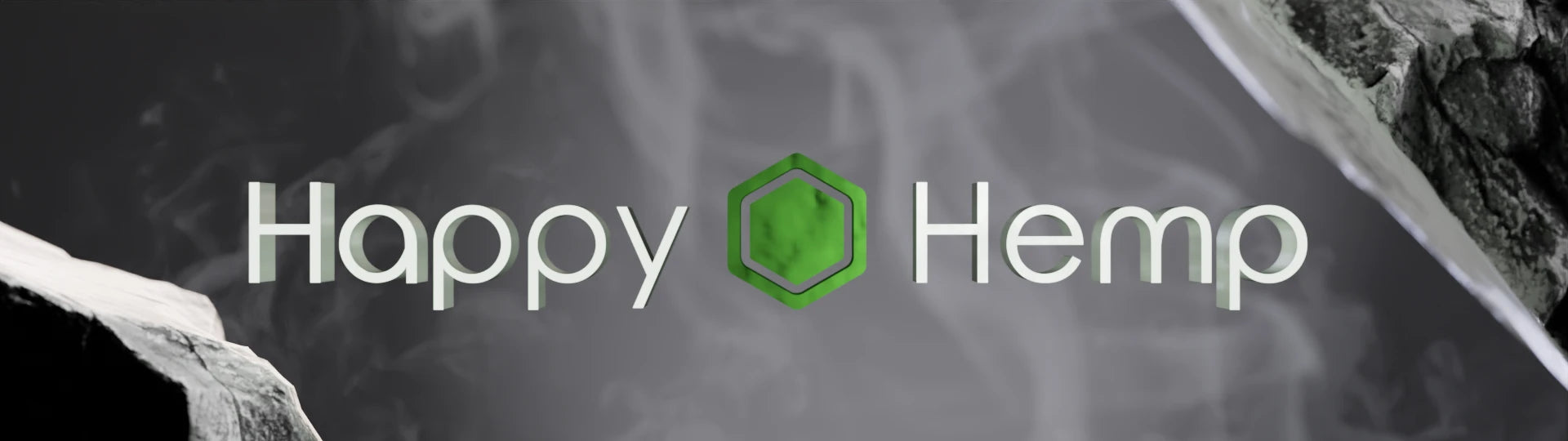 Als Text steht Happy Hemp geschrieben, zwischen den Wörten ist das grüne Firmenlogo mit 6 Ecken eingebunden. Es ist umgeben von Rauch und aufgeschlagenen Steinen vor einem grauen Hintergrund.