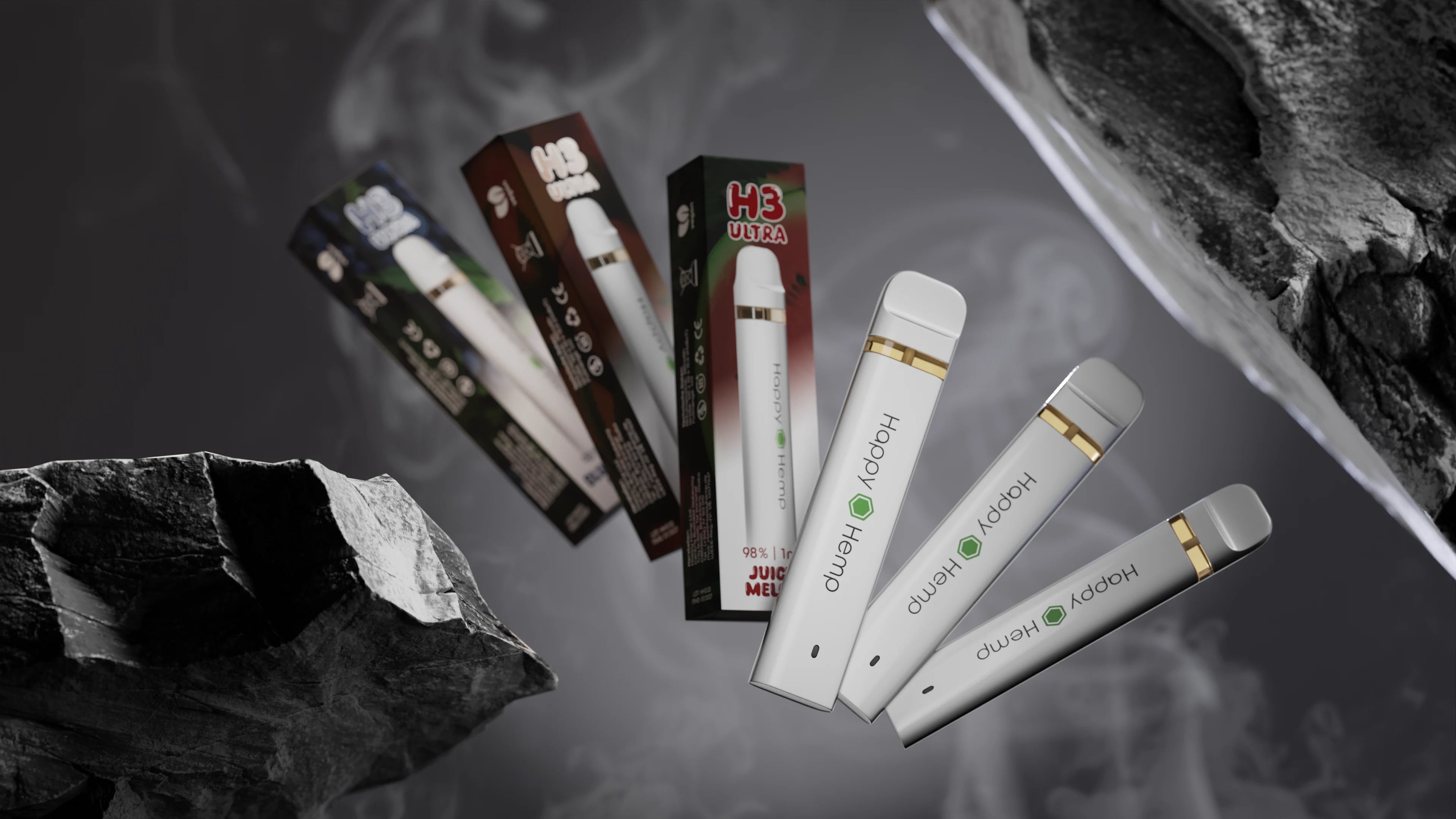 H3 Ultra Vape Pens schweben nebeneinander und sind umgeben von Rauch und aufgeschlagenen Steinen